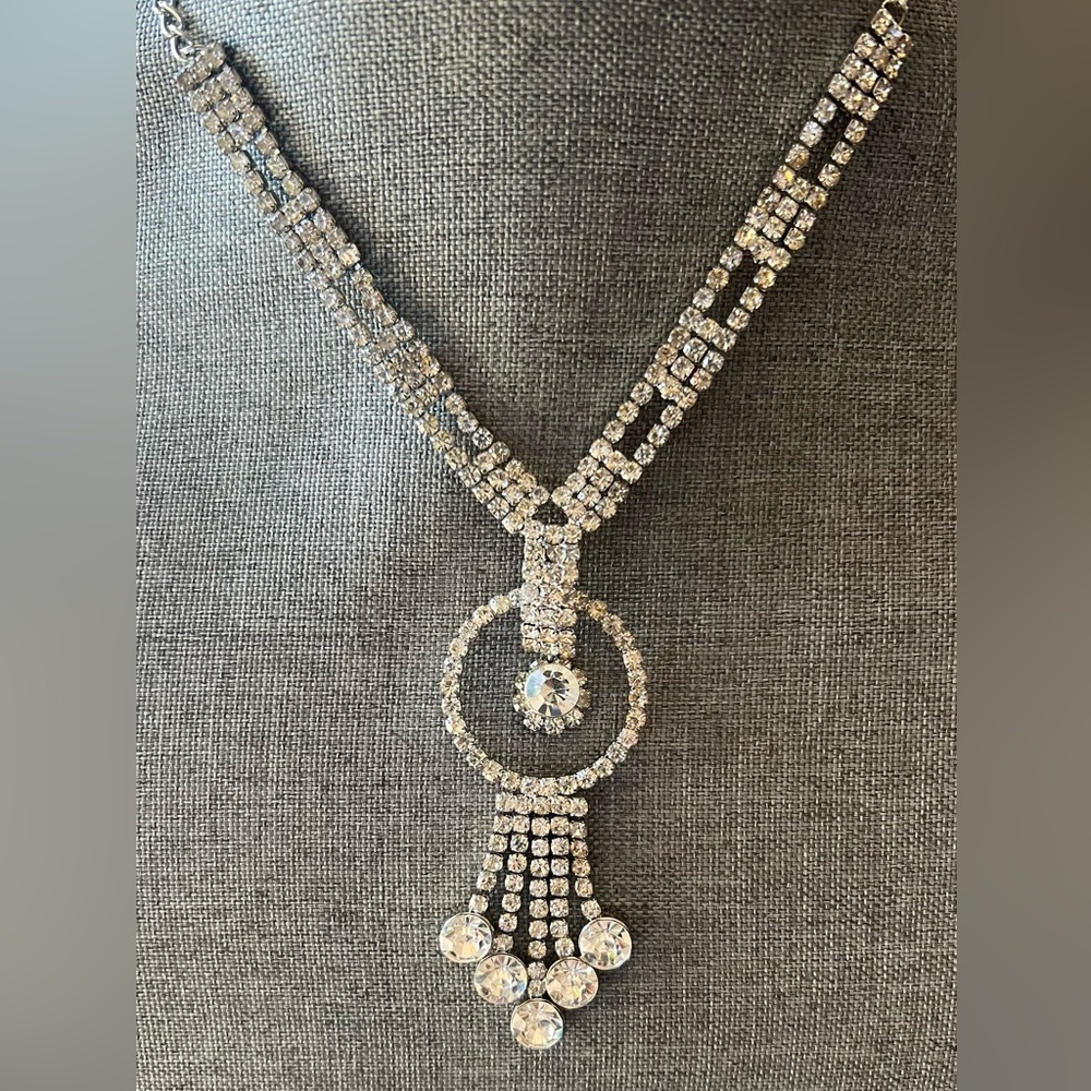 Diamante Rhinestone Y Necklace Clear Crystals Costume 14.5” Choker Lariat